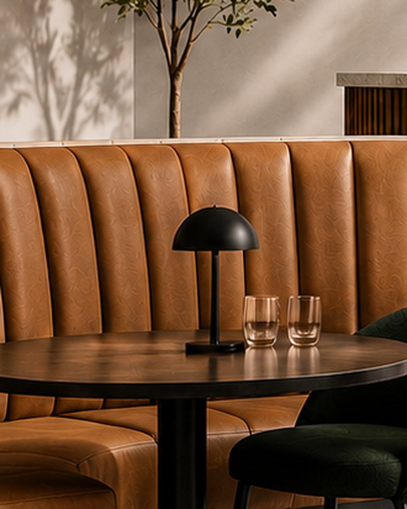 Upholstered leather banquette detail